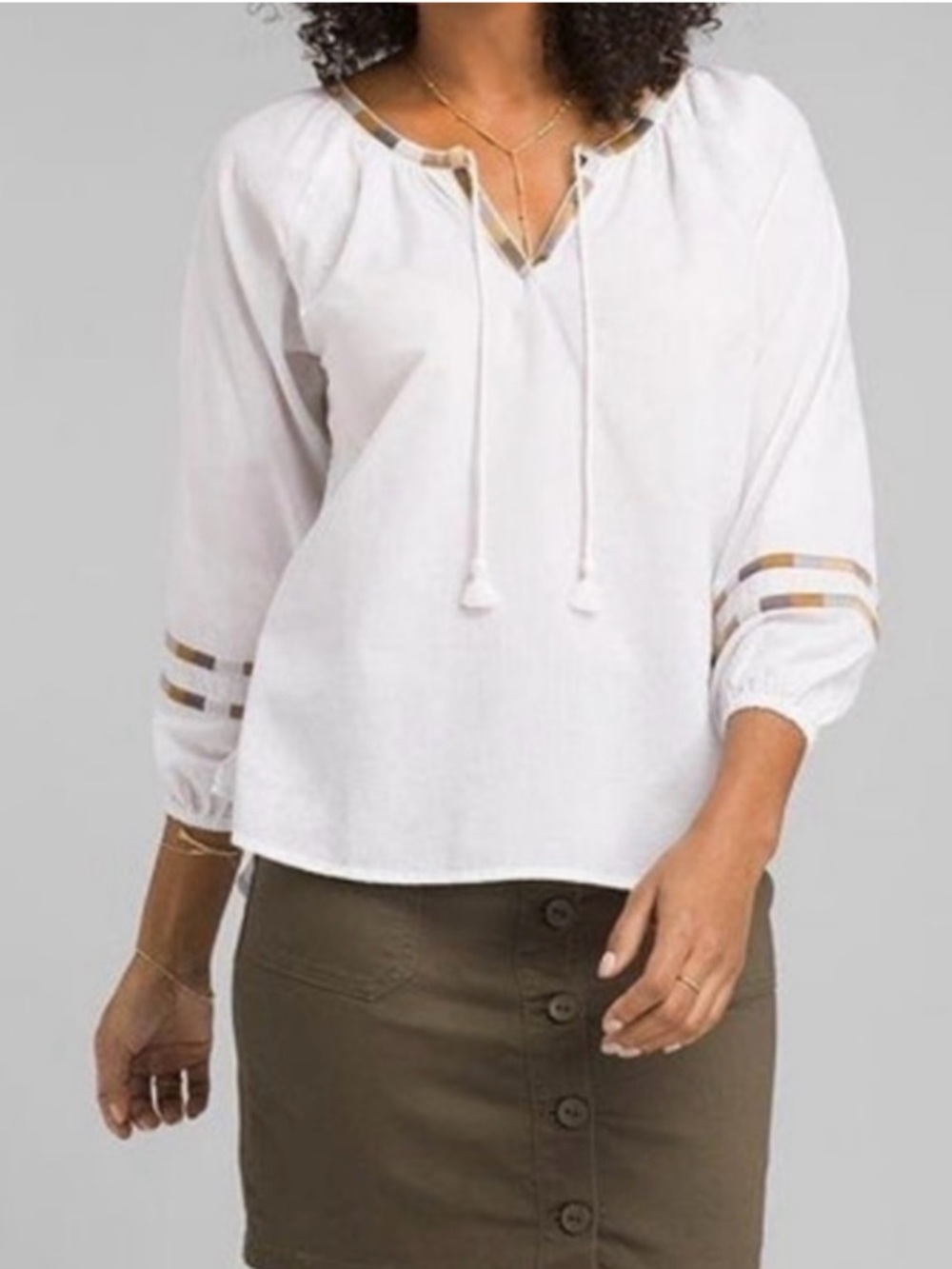 PrAna Atlantis Embroidery Tassel Boho White Peasant Blouse Organic Cotton Size M